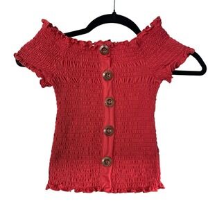 Y2K Coquette Smocked Off Shoulder Top XS‎ Red Ruffle Button Fitted Romantic